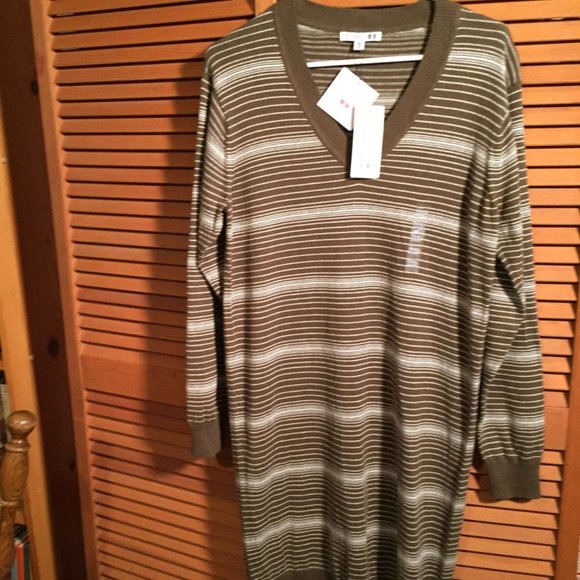 Uniqlo Linen Blend Striped V-neck Long Sleeve Dress Women's XXS - Picture 1 of 7